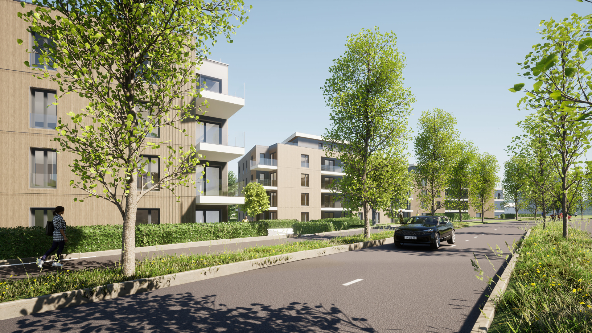 Richard-Wagner-Straße Radeberg: Visualisierung des Wohnquartiers mit drei Mehrfamilienhäusern in Holzbauweise